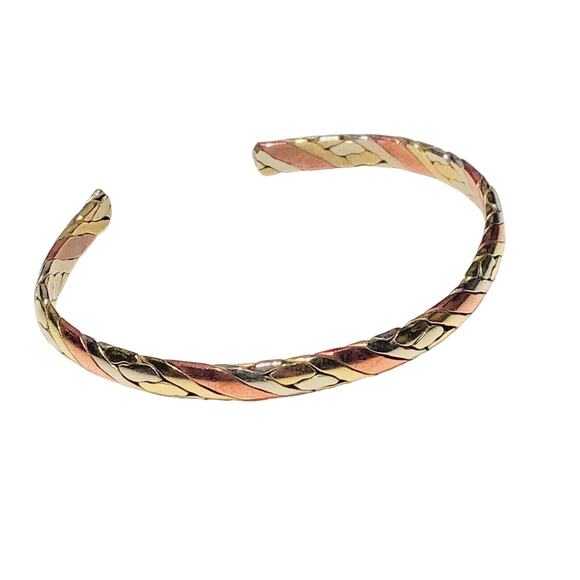 VTG Tri Color Geo CUFF BRACELET Copper Silver Gold Brass 6” to 8”" Adjustable - Picture 1 of 2